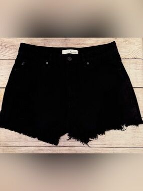 KanCan Black Distressed Denim Shorts with Logo Plate